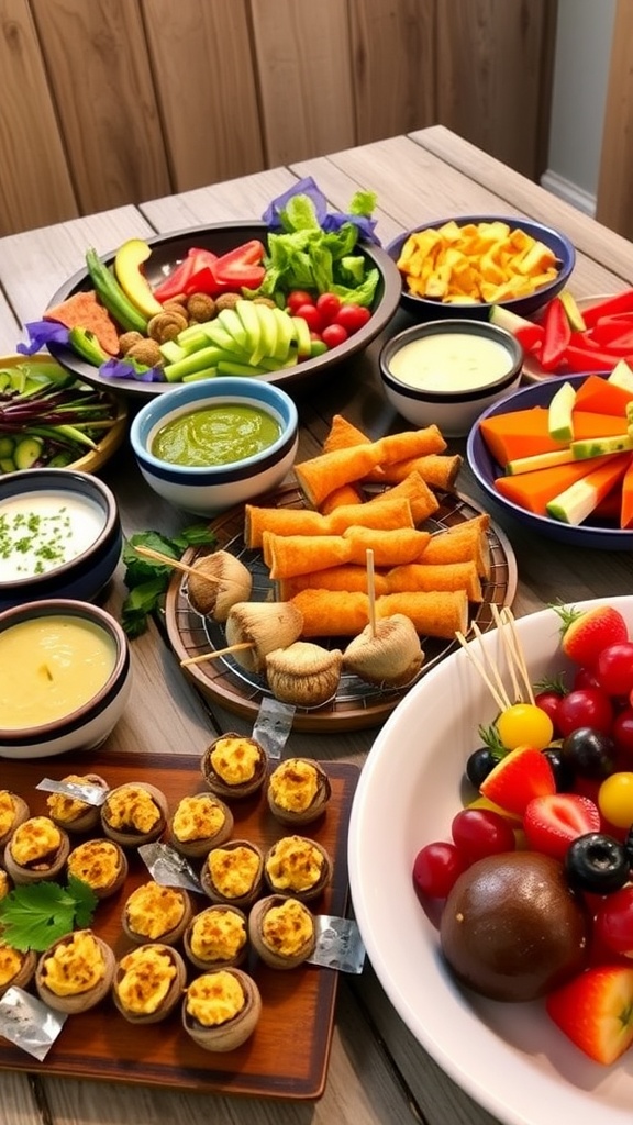 A variety of allergy-free appetizers on a rustic table including vegetables, hummus, stuffed mushrooms, and fruit skewers.